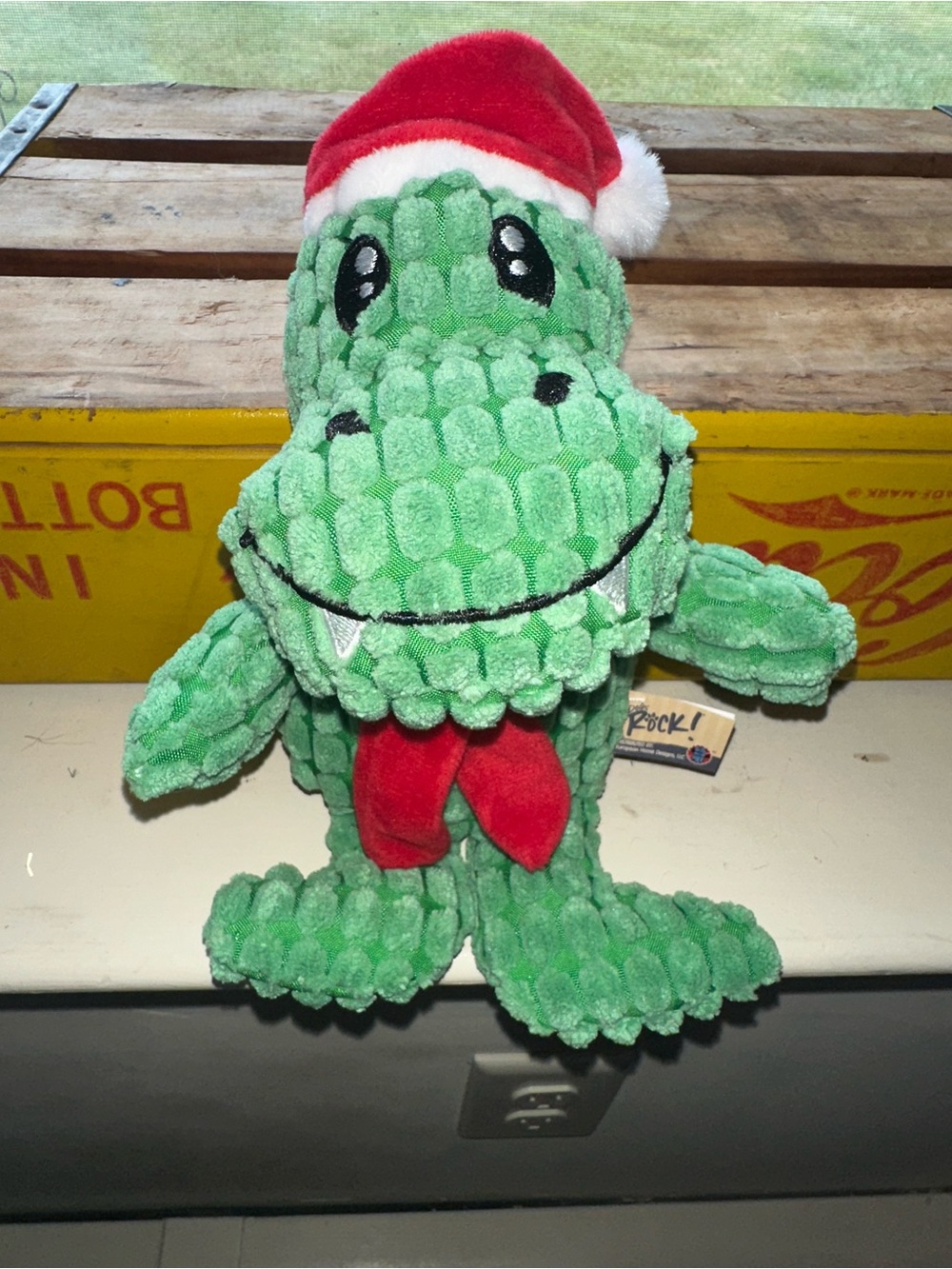 Green Plush Alligator Dog Toy with Red Santa Hat - Soft Chew Toy